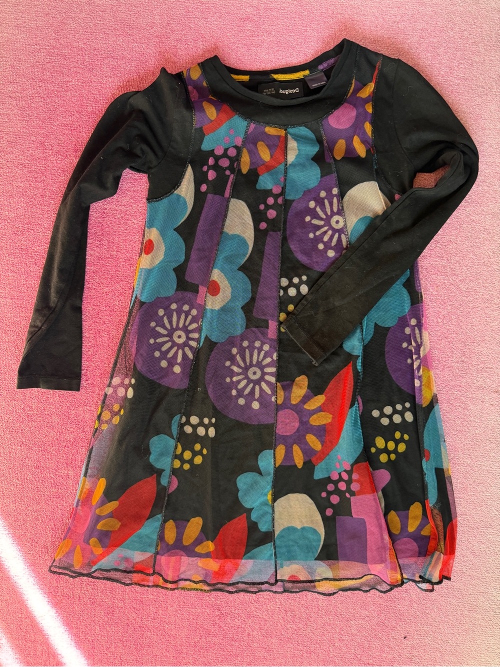 Desigual Black Long-Sleeve Floral Patchwork Dress (size 9/10)